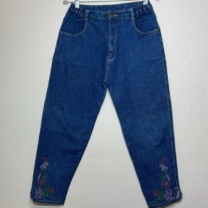 Vintage Denim Mom Jeans Floral Embroidered Size L